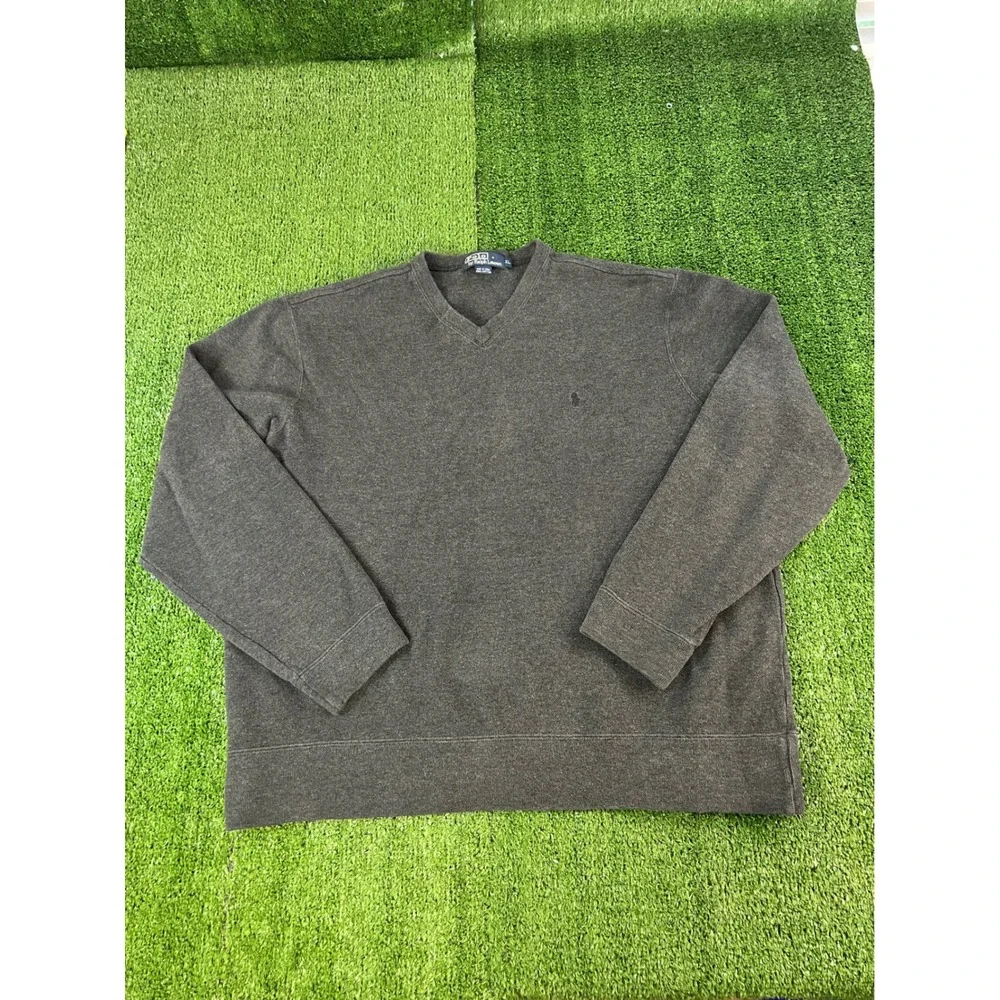 Polo Ralph Lauren‎ Mens XL Charcoal Grey V-Neck 100% Cotton Pony Logo Sweater